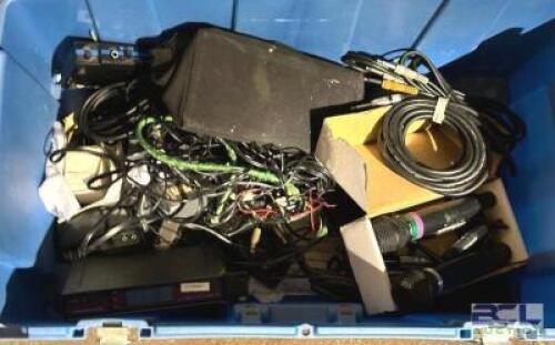 BIN OF ASSORTED WIRELESS MICROPHONE EQUIPMENT