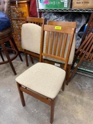 (3) BAR BACK FOLDING WOODEND CHAIRS W/ TAN UPHOLSTERED SEAT CUSHIONS.