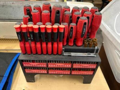 SCREW DRIVER AND BIT SET W/ STAND.