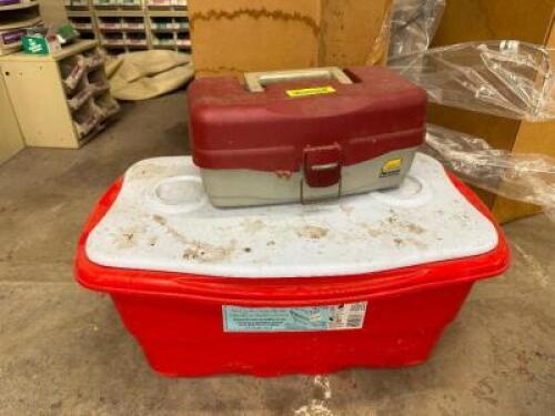 RED PLASTIC COOLER AND TACKLE BOX.