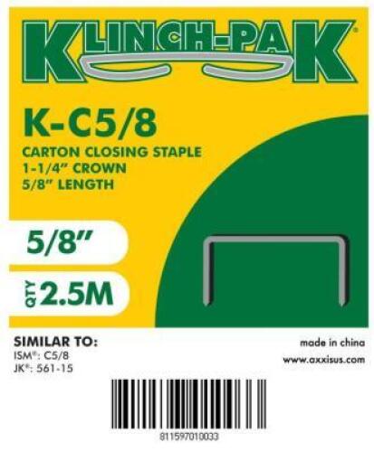 DESCRIPTION: (10) BOXES OF (25000) CARTON CLOSING STAPLES BRAND/MODEL: KLINCH-PAK #K-C5/8 SIZE: 1-1/4" CROWN, 5/8" LENGTH RETAIL$: $256.18 TOTAL QTY: