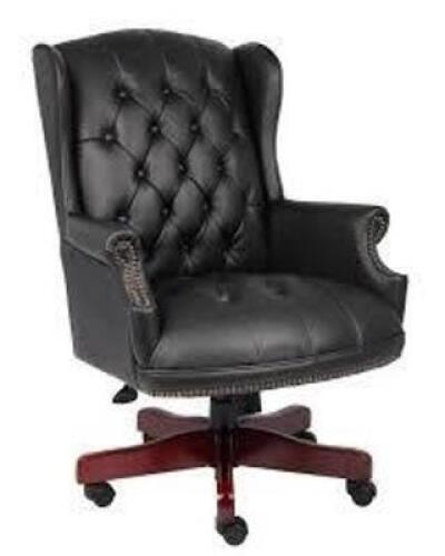 DESCRIPTION: (1) TRADITIONAL STYLE EXECUTIVE GUEST CHAIR BRAND/MODEL: BOSS OFFICE PRODUCTS INFORMATION: BLACK, LEATHER SIZE: SEAT DEPTH: 20&rdquo;, SEAT HEI