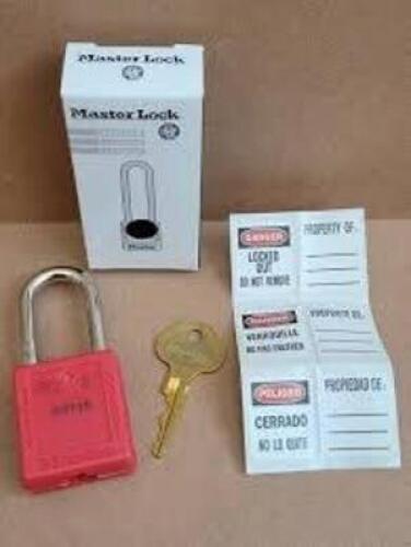 DESCRIPTION: (12) LOCKOUT PADLOCK BRAND/MODEL: MASTER LOCK/410MKW417REDLZ2 INFORMATION: RED/THERMOPLASTICS SIZE: 1-1/2"SHACKLE H X 1/4"SHACKLE DIA X 1