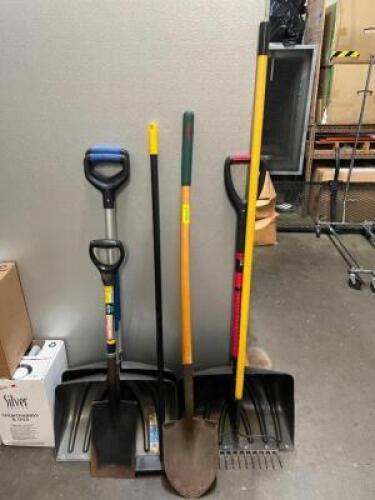 (6) ASSORTED LONG HANDLE TOOLS AND SHOVELS
