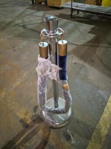 (2) - SILVER STANCHIONS WITH BLUE VELVET ROPE