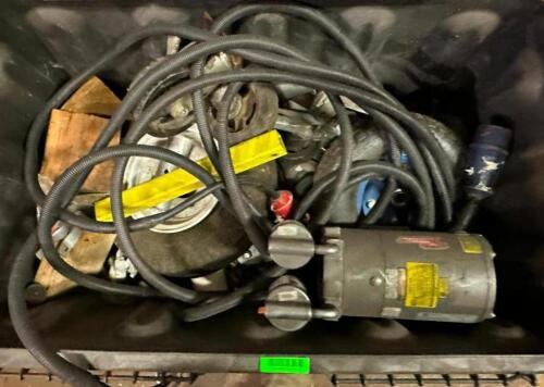 BIN OF ASSORTED PARTS, CORDS, AND MOTORS
