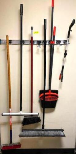 (6) CLEANING TOOLS W/ WALL MOUNTED RACK.