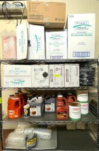CONTENTS OF SHELF - ASSORTED FOOD AND PAPER PRODUCT.