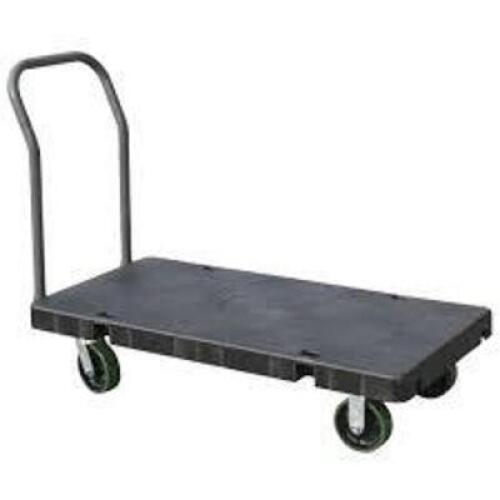 DESCRIPTION: (1) PLATFORM TRUCKBRAND/MODEL: AKRO-MILLSINFORMATION: BLACK, PLASTIC PLATFORM, STEEL FRAME, NO HANDLESIZE: 24" X 48" PLATFORMRETAIL$: $673.94 EAQTY: 1