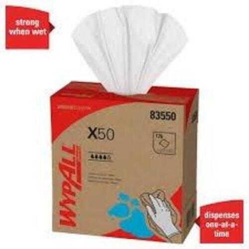 DESCRIPTION: (5) BOXES OF CLEANING CLOTHS BRAND/MODEL: WYPALL #83550 INFORMATION: WHITE, 168 WIPES PER BOX SIZE: 8.34" X 12.5" RETAIL$: $86.47 EA QTY: