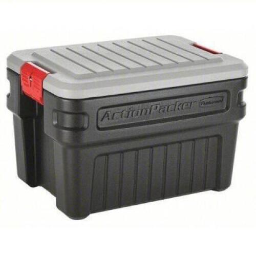 DESCRIPTION: (1) ATTACHED LID CONTAINER BRAND/MODEL: RUBBERMAID #2YU13 INFORMATION: 24 GAL, BLACK BODY, GRAY LID, PLASTIC SIZE: 26 IN X 18 1/2 IN X 17
