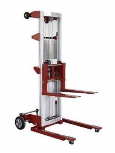 DESCRIPTION: (1) MANUAL STRADDLE STACKER BRAND/MODEL: DAYTON/11N201 INFORMATION: LOAD CAPACITY: 500 LBS/RED & SILVER/ADJUSTABLE STRADDLE RETAIL$: 1,63