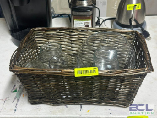 BASKET OF ASSORTED JARS AND GLASSWARE