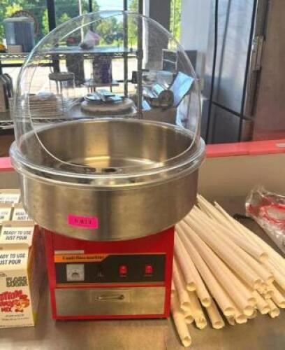 COTTON CANDY MACHINE WITH EIGHT CARTONS OF MIX, CONES AND BAGS