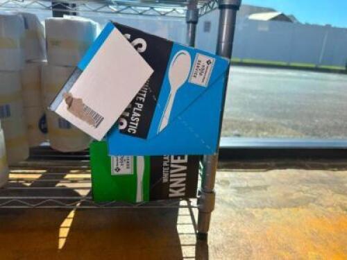 BOXES OF PLASTIC KNIVES AND SPOONS