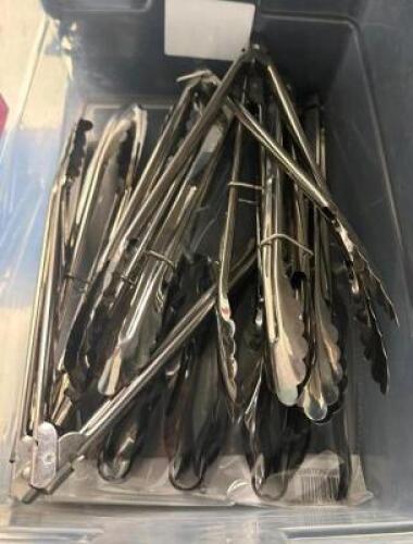 BIN OF STAINLESS TONGS