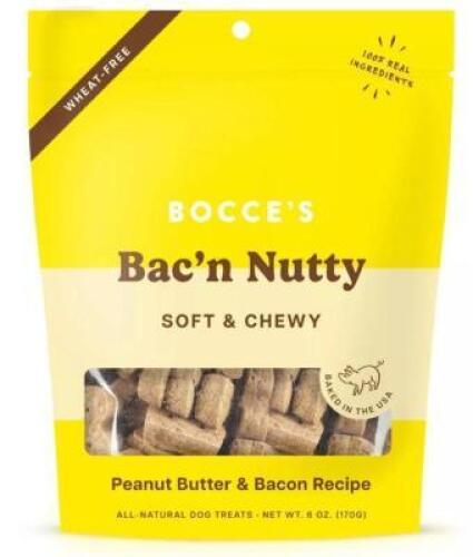 DESCRIPTION: (5) PACKS OF CHEWY DOG TREATS BRAND/MODEL: BOCCE'S BAKERY INFORMATION: BAC'N NUTTY FLAVOR RETAIL$: $9.15/EA SIZE: 6OZ QTY: 5