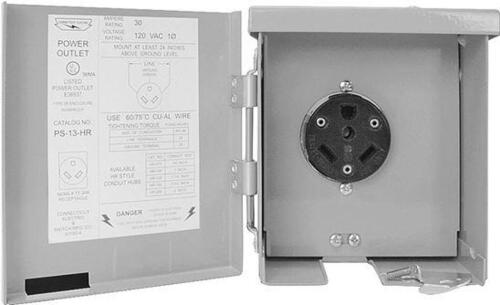 DESCRIPTION: (1) RV POWER OUTLET BRAND/MODEL: PS-13-HR INFORMATION: STEEL, 30A, 120V RETAIL$: $40.89 SIZE: 6-1/8 in H x 5-3/8 in W x 4-3/4 in D QTY: 1