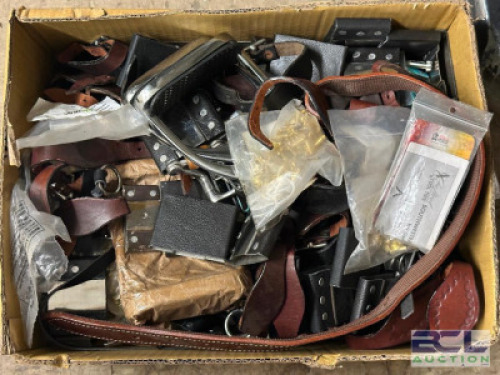 LARGE BOX OF ASSORTED GIRTH CINCHES, BACK CINCHES, SADDLES ACCESSORIES, BITS, ETC.