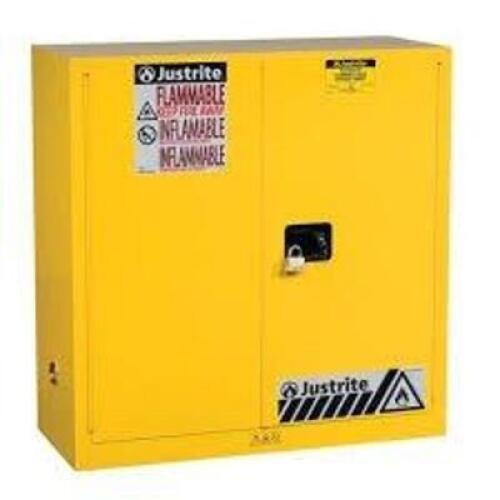 DESCRIPTION: (1) FLAMMABLE LIQUID STORAGE CABINET BRAND/MODEL: JUSTRITE #893000 INFORMATION: YELLOW SIZE: 30 GAL, 43 IN X 18 IN X 44 IN RETAIL$: $1355