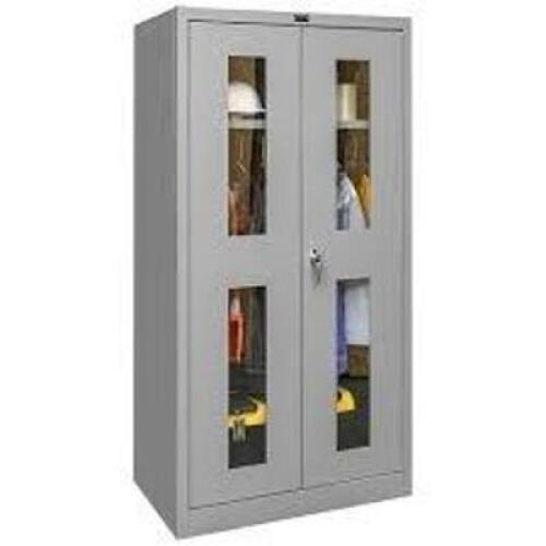 DESCRIPTION: (1) STORAGE CABINET WITH WINDOWS BRAND/MODEL: HALLOWELL #411M07 INFORMATION: GRAY, FRAME, SWING HANDLE AND KEYED, 1 ADJ SHELF SIZE: 36" X