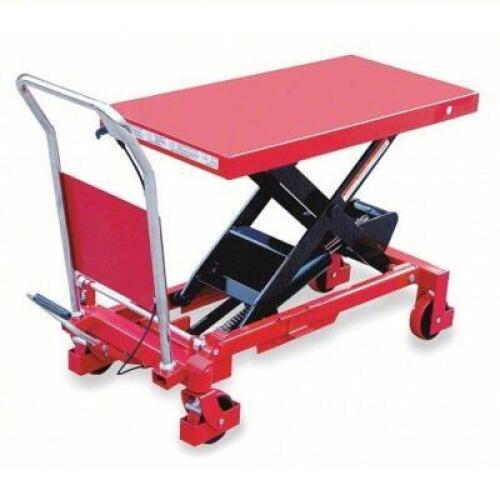 DESCRIPTION: (1) MANUAL MOBILE SCISSOR-LIFT TABLEBRAND/MODEL: DAYTON #6W804INFORMATION: RED, 2000LB CAPACITYSIZE: 40" X 20"RETAIL$: $1076.55 EAQTY: 1
