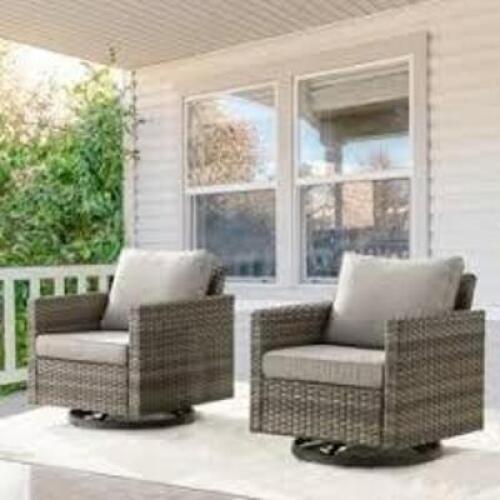 DESCRIPTION: (2) OUTDOOR PATIO CHAIRS W/COVERSBRAND/MODEL: MAINSTAYSINFORMATION: WHITE CUSHION, WICKER CHAIR, SWIVEL CHAIRQTY: 2