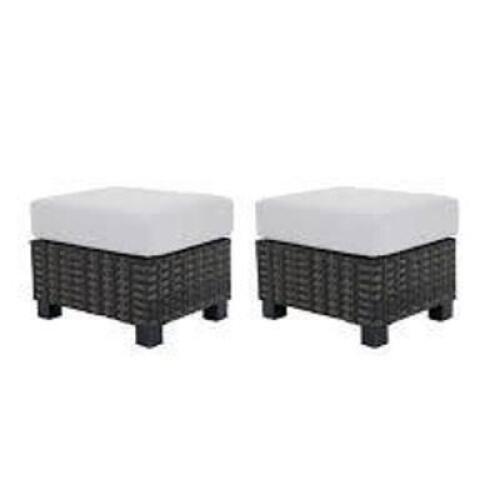 DESCRIPTION: (2) OTTOMANS BRAND/MODEL: BETTER HOMES AND GARDENS #BH5636262711804 INFORMATION: WHITE CUSHIONS, WICKER, ROCKPORT CLUB COLLECTION RETAIL$