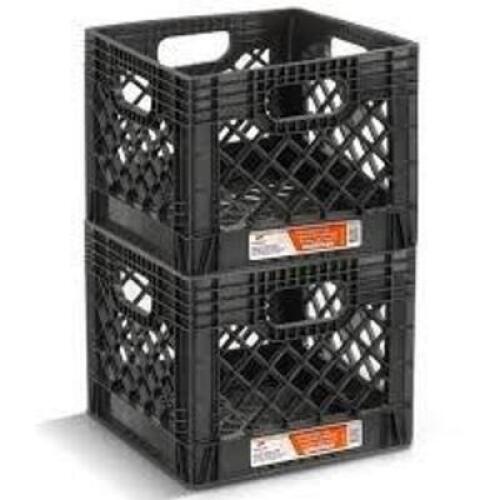 DESCRIPTION: (2) STACKABLE MILK CRATES BRAND/MODEL: JUGGERNAUT #RMK16QT INFORMATION: BLACK SIZE: 13X13X11 RETAIL$: $36.00 E QTY: 2