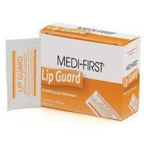DESCRIPTION: (10) BOXES OF (20) PACKS OF SOOTHING LIP OINTMENT BRAND/MODEL: MEDI-FIRST LIP GUARD SIZE: 0.5 GRAM RETAIL$: $8.86 EA QTY: 10
