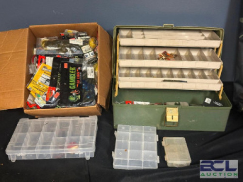 TACKLE BOX, ORGANIZERS, AND LARGE BOX OF ASSORTED BAIT, FOOD, LINE, AND OTHER FISHING ACCESSORIES