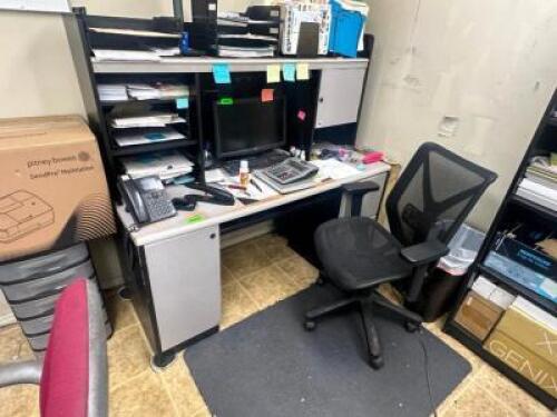 (3) 60" GREY COMPOSITE OFFICE DESKS, (2) CHAIRS, AND (1) BOOK CASE.
