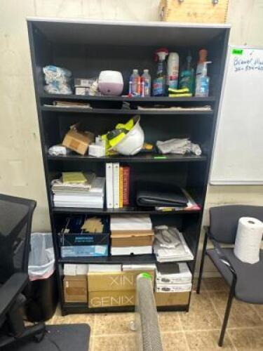 CONTENTS OF BOOKSHELF - ASSORTED OFFICE SUPPLIES.