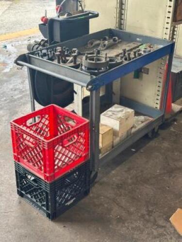 ROLLING CART WITH CONTENTS AND MILK CRATES
