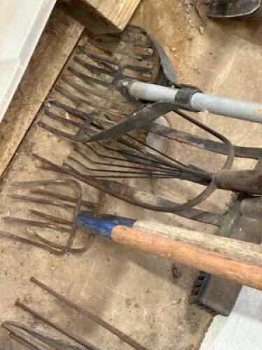 DESCRIPTION: (6) ASSORTED RAKES AND PITCHFORKS LOCATION: BACK WAREHOUSE QTY: 6