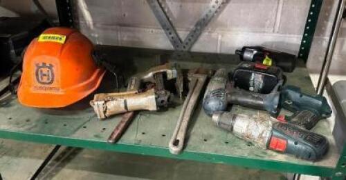 DESCRIPTION: ASSORTED POWER TOOLS AND HARDHAT LOCATION: WAREHOUSE QTY: 1