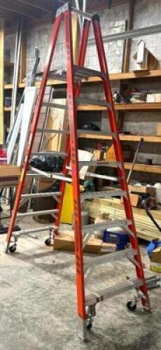 DESCRIPTION: 8' STEP LADDER ON CASTERS BRAND/MODEL: WERNER INFORMATION: 300 LB. CAPACITY LOCATION: BACK WAREHOUSE QTY: 1