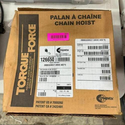 DESCRIPTION: 2000D DIRECT DRIVE ASSEMBLY CHAIN HOIST BRAND/MODEL: CANIMEX 126650 LOCATION: BACK WAREHOUSE QTY: 1