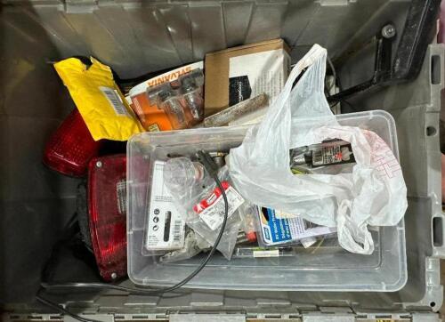 DESCRIPTION: BIN OF ASSORTED AUTOPARTS AND HARDWARE LOCATION: BACK WAREHOUSE QTY: 1