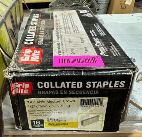 DESCRIPTION: BOX OF 16 GA. GS STYLE MEDIUM CROWN COLLATED STAPLES BRAND/MODEL: GRIP RITE SIZE: 1/2"X1-1/2" LOCATION: BACK WAREHOUSE QTY: 1