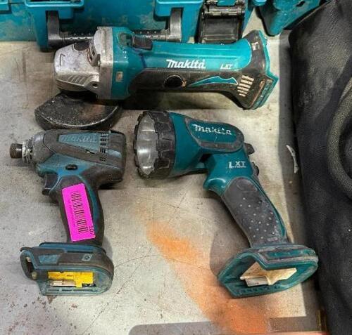 DESCRIPTION: CORDLESS ANGLE GRINDER, FLASHLIGHT AND IMPACT DRILL WITH TOOL BAG BRAND/MODEL: MAKITA INFORMATION: NO BATTERIES LOCATION: WAREHOUSE QTY: