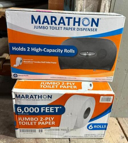 DESCRIPTION: JUMBO TOILET PAPER DISPENSER WITH BOX OF TOILET PAPER BRAND/MODEL: MARATHON LOCATION: WAREHOUSE QTY: 1