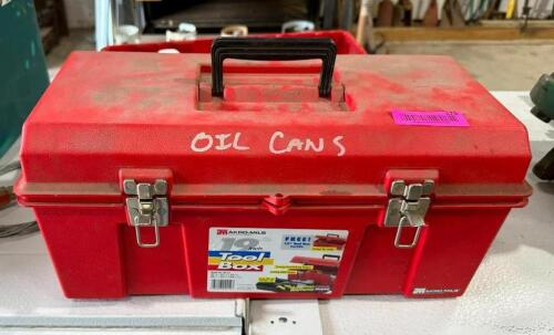 DESCRIPTION: TOOL BOX WITH ASSORTED OIL CANS LOCATION: BACK WAREHOUSE QTY: 1