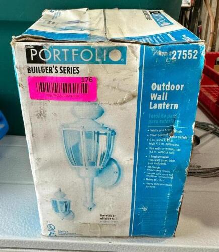 DESCRIPTION: OUTDOOR WALL LANTERN BRAND/MODEL: PORTFOLIO LOCATION: BACK WAREHOUSE QTY: 1