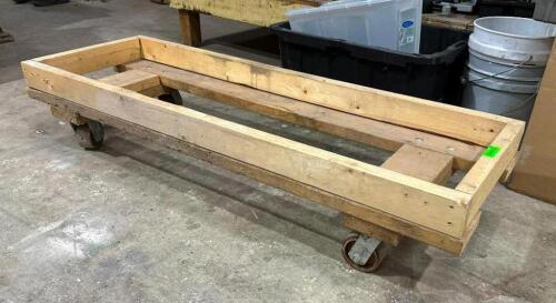 DESCRIPTION: HOMEMADE WOODEN CART SIZE: 60"X20"X12" LOCATION: BACK WAREHOUSE QTY: 1
