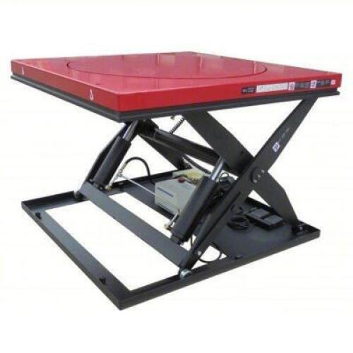 DESCRIPTION: (1) SCISSOR LIFT TABLE BRAND/MODEL: DAYTON #60NH64 INFORMATION: RED, ELECTRIC, 3,500 LB LOAD CAPACITY, 43 5/8 IN MAX LIFTING HT, 115V AC