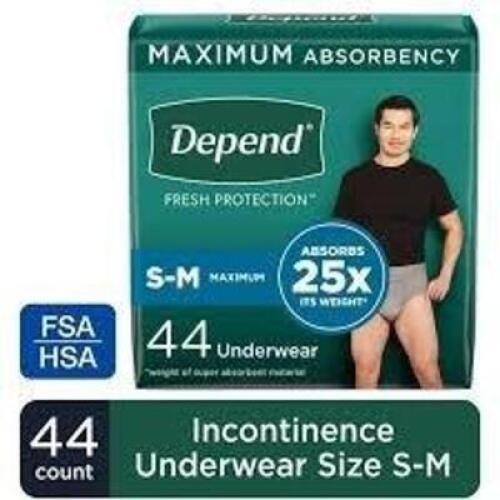 DESCRIPTION: (1) BOX OF (44) DISPOSABLE UNDERWEAR BRAND/MODEL: DEPENDS INFORMATION: MEN SIZE: S-M RETAIL$: $29.42 EA QTY: 1