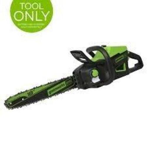 DESCRIPTION: (1) CORDLESS CHAINSAW BRAND/MODEL: GREENWORKS #CS60L03 INFORMATION: TOOL ONLY SIZE: 18" RETAIL$: $179.00 EA QTY: 1