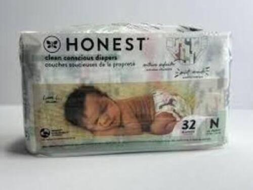 DESCRIPTION: (1) PACK OF (32) DIAPERS BRAND/MODEL: HONEST SIZE: SIZE LIL PEANUT RETAIL$: $12.99 EA QTY: 1