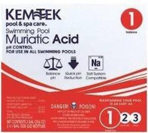 DESCRIPTION: (1) MURIATIC ACID BRAND/MODEL: KEMTEK POOL AND SPA SIZE: 1 GALLON RETAIL$: $20.00 EA QTY: 1